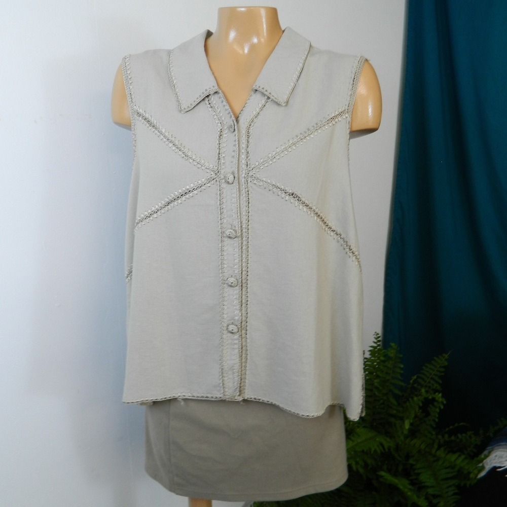 Selene Sport Button Down Top Women XL Beige Linen Blend Whipstitch Sleeveless